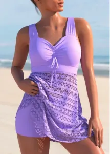 Modlily Lace Stitching Cross Strap Light Purple Swimdress and Shorts - S