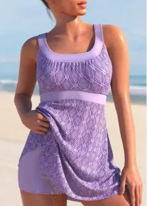 Modlily Lace Stitching Light Purple Swimdress and Shorts - M