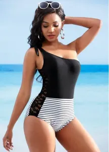 Modlily Lace Stitching Striped Tie Shoulder One Piece Swimwear - XL