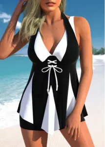Modlily Lace Up Black Contrast Swimdress Top - S