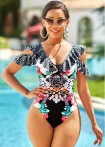 Modlily Lace Up Floral Print Flounce One Piece Swimwear - XL