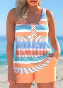Modlily Lace Up Multi Stripe Print Orange Tankini Set - XL
