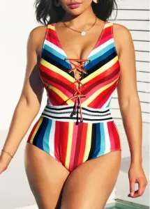 Modlily Lace Up Striped Wide Strap One Piece Swimwear - L