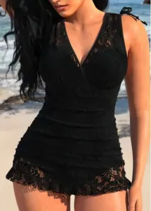 Modlily Lace Wide Strap Black One Piece Swimdress - XL