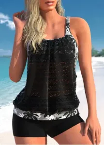 Modlily Leaf Print Black Lace Stitching Tankini Set - XL