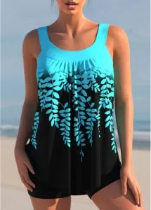 Modlily Leaf Print Ombre Cyan Color Block Tankini Top - S