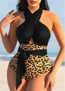 Modlily Leopard Black Cross Halter One Piece Swimwear - S