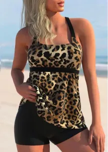 Modlily Leopard Print Black Wide Strap Tankini Top - XL