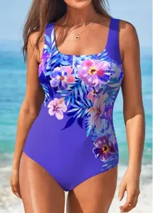 Modlily Lightweight Floral Print Purple One Piece Swimwear - XL