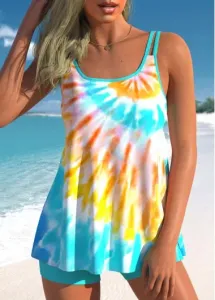 Modlily Mango Color Tie Dye Print Swimdress Set Ombre Cyan Swimdress And Shorts - L