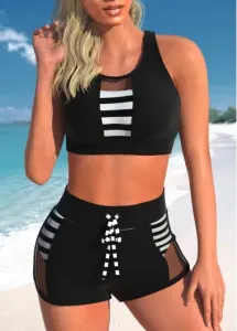 Modlily Mesh Cutout Striped Black Bikini Set - M