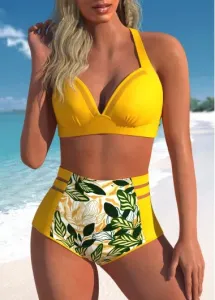 Modlily Mesh Leaf Print Yellow Bikini Set - M #802277