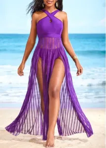 Modlily Mesh Purple Double Slit Beach Dress - M