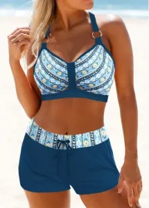 Modlily Metal Ring Geometric Print Peacock Blue Bikini Top - M