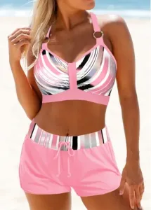 Modlily Metal Ring Geometric Print Pink Bikini Set - M #812769