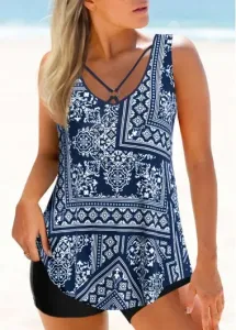 Modlily Metal Ring Patchwork Navy Tankini Top - S