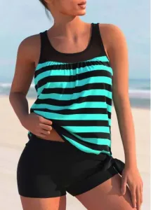 Modlily Mix & Match Cyan Contrast Color Striped Printed Wide Strap Tankini Top - L