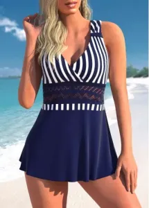 Modlily Navy Blue Striped Lace Stitching Swimdress and Panty - S