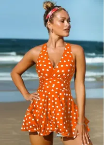 Modlily Orange Polka Dot Push Up Wide Strap Swimdress Set Cross Back Swimdress And Shorts - XL