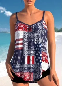 Modlily Patchwork American Flag Print Multi Color Tankini Top - S