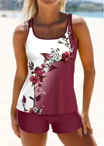 Modlily Patchwork Floral Print Deep Red Tankini Set - One Size