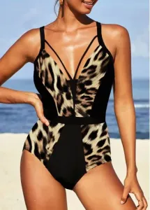 Modlily Patchwork Leopard Black One Piece Swimwear - XL