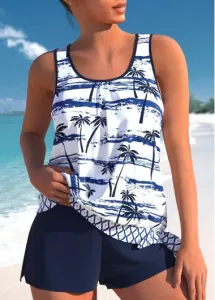 Modlily Patchwork Mid Waisted Tropical Plants Print Tankini Set - L #938548