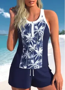 Modlily Patchwork Mid Waisted Tropical Plants Print Tankini Set - S