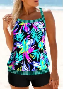 Modlily Patchwork Tropical Plants Print Multi Color Tankini Top - S