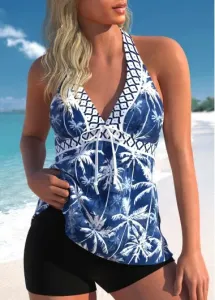 Modlily Patchwork Tropical Plants Print Navy Tankini Top - S