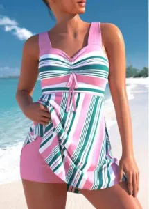 Modlily Pink Stripe Print Wide Strap Swimdress Set Pink Cross Strap Bowknot Swimdress And Shorts - M