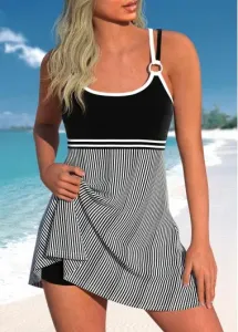 Modlily Plus Size Criss Cross Black Striped Swimdress Set - 1X