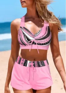 Modlily Plus Size Criss Cross Pink Geometric Print Bikini Set - 3X #904362
