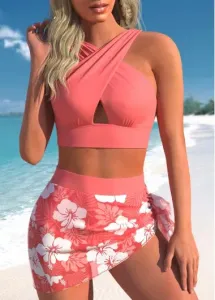 Modlily Plus Size High Waisted Mesh Coral Bikini Set - 1X