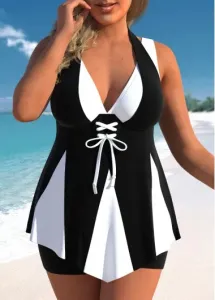 Modlily Plus Size Lace Up Black Swimdress Set - 1X