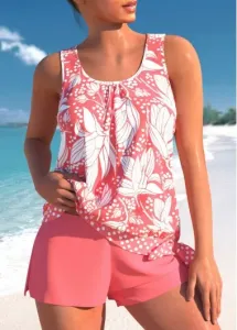 Modlily Mid Waisted Plus Size Bowknot Coral Tankini Set - 2X