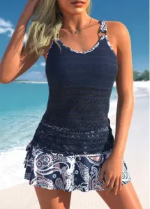 Modlily Plus Size Mid Waisted Circular Ring Lace Navy Tankini Set - 2X