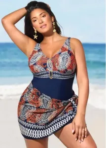 Modlily Plus Size Patchwork One Piece Swimwear and Cover Up - 3X
