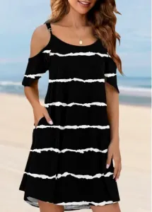 Modlily Black Pocket Striped Short A Line Scoop Neck Dress - M