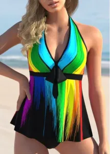 Modlily Rainbow Color Printed Bowknot Halter Tankini Set - S