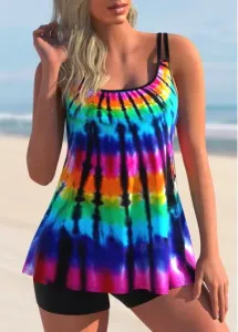 Modlily Rainbow Color Tie Dye Printed Spaghetti Strap Adjustable Swimdress With Panty - XS