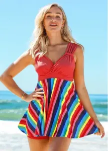 Modlily Rainbow Stripe Wide Strap Mid Waist Swimdress and Shorts - S
