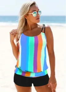 Modlily Rainbow Striped Adjustable Strap Blouson Tankini Swimsuit With Shorts Spaghetti Strap Tankini Set - S #178958