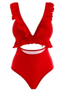 Modlily Red Flounce Cutout One Piece Swimwear - M