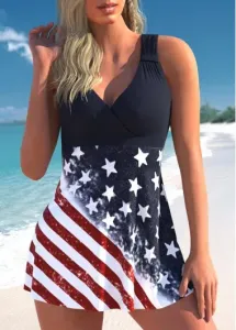 Modlily Ruched American Flag Print Multi Color Swimdress Top - L