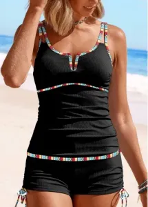 Modlily Ruched Black Contast Binding Tankini Set - XXL