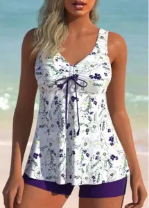 Modlily Ruched Floral Print Purple Tankini Set - S