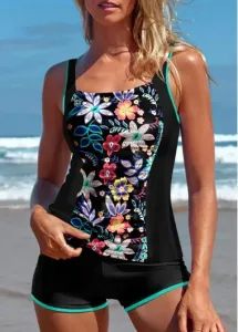 Modlily Ruched Mid Waisted Random Floral Print Tankini Set - M