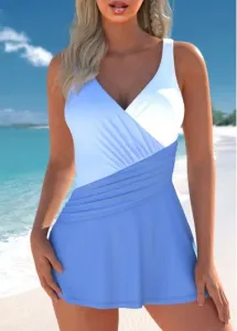 Modlily Ruched Patchwork Dusty Blue One Piece Swimdress - M
