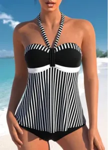 Modlily Ruched Patchwork Striped Black Tankini Set - S